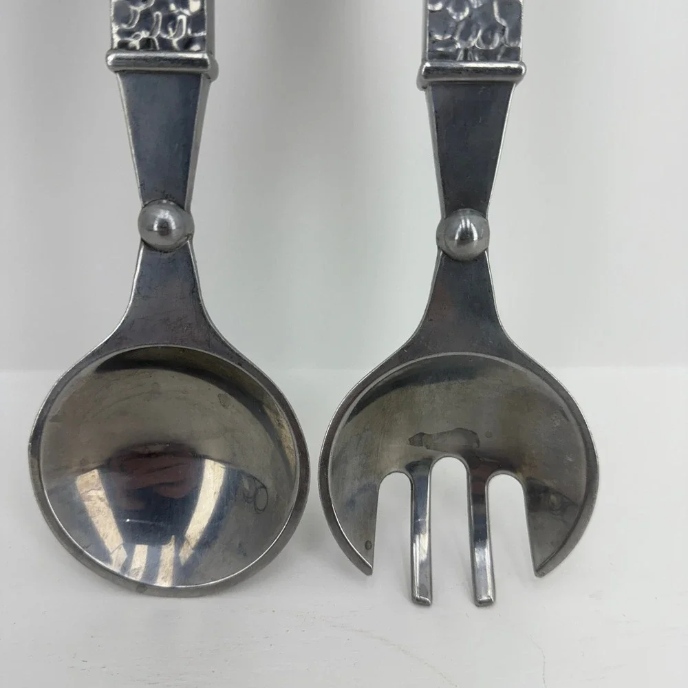 Vintage Salad Server Set Fork &‎ Spoon Silver Good Hammered Metal Artisanal
